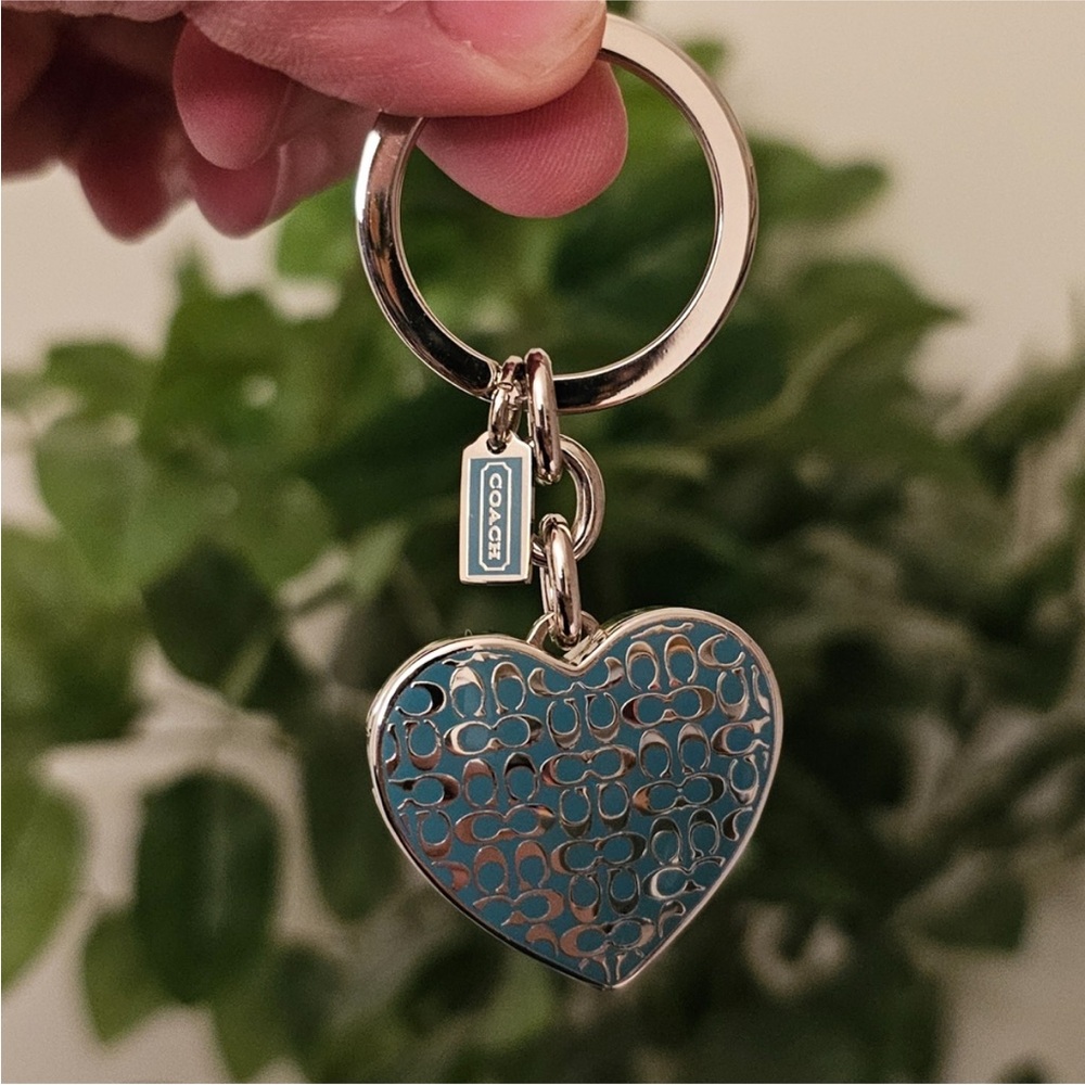 Coach Rare Teal Blue Silver Locket Heart Keychain Key Fob Charm